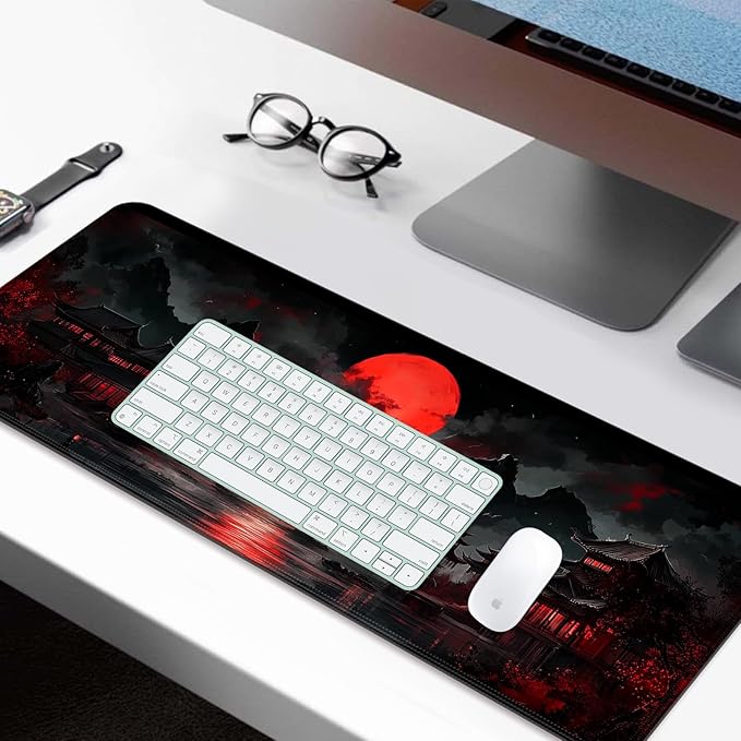 Japanese Dreamy Lakescape Full Moon Gaming Desk Mat, Computer Keyboard Large Extended Long Mouse Pad for Office and Home, XL (W07)