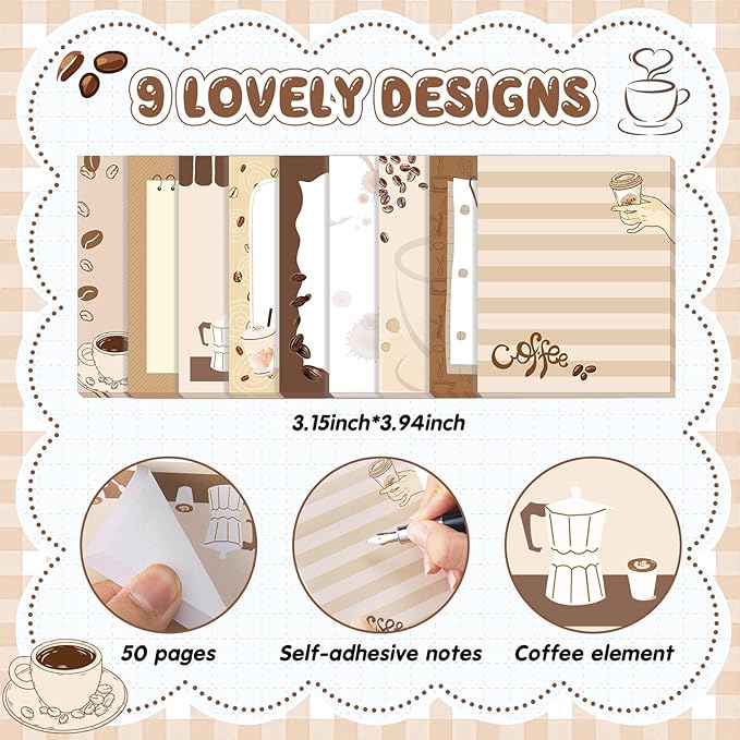 Sabary 9 Pads Cute Sticky Notes Animal Sticky Note Pads 3.15 x 3.94 Inches Colored Adhesive Memo Reminder Decor for Journal School Office Gifts (Coffee)