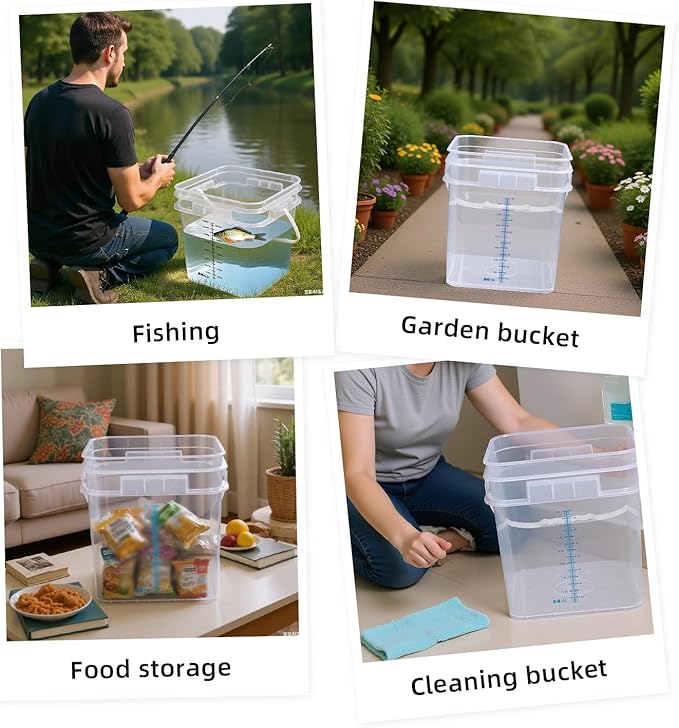 ASEVAT 2.6Gal 2Pack Clear Bucket Graduated Pail Container with Lid,Square Food Grade Buckets, Cleaning Containers Plastic Pails Extra Durable Handles with Grip for Easy Carrying