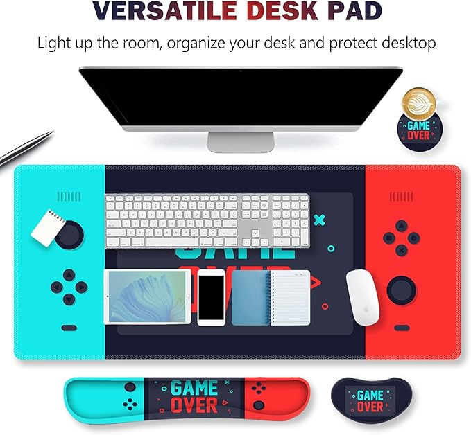 ARTSO Large Gaming Mouse Pad, Keyboard Wrist Rest Pad & Wrist Support Mousepad Set, Stitched Edge, Extended, Non-Slip Base, Memory Foam Desk Mat, Green Red Game Console