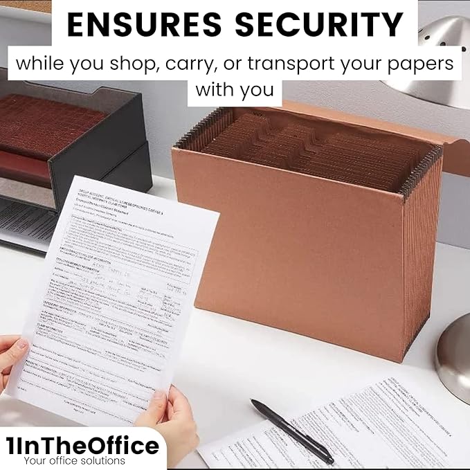 1InTheOffice Expanding File Folder Organizer, Accordion Folder with Flap, A-Z File Organizer Letter Size, Brown