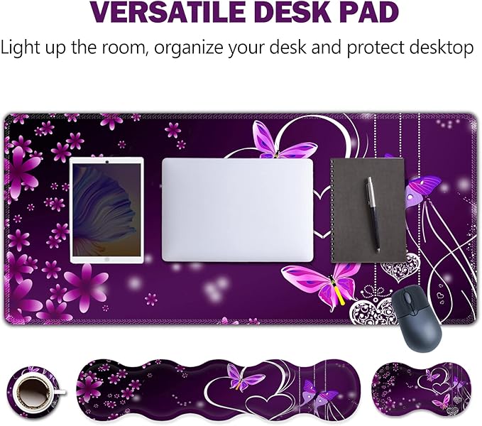 Upgraded Extended Gaming Mouse Pad, Keyboard Wrist Rest Pad, Wrist Support Mousepad Set, Artso Large Rubber Base Stitched Edges, Multifunctional Desk Pad (35 x15.5 in), Purple Heart Butterfly