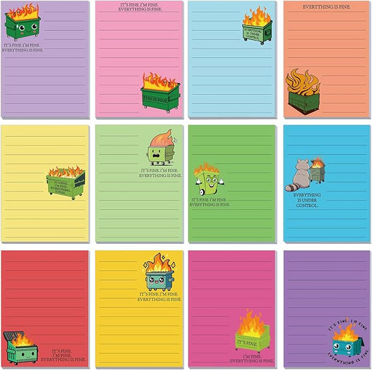 12 Pcs Funny Sticky Notes for Work 4x3 Inches Sarcastic Self Adhesive Notepads Novelty Memo Note Pads for Office Coworker Gifts Employee Appreciation Supplies (Dumpster Fire,Bright Color)