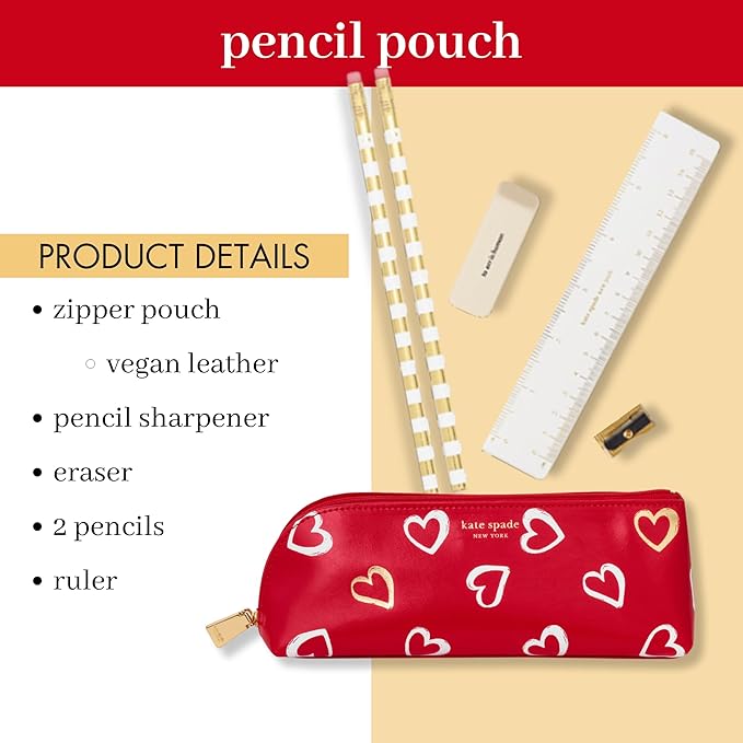 kate spade new york Pen and Pencil Case with Office Supplies for Adults, Zip Pouch Includes 2 Pencils, Sharpener, Eraser, and Ruler, Brushstroke Hearts