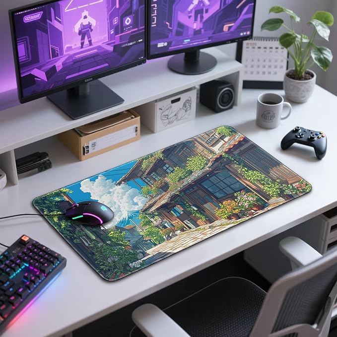 Japanese Street Scene Large Gaming Mouse Pad 31.5"x15.7"｜XXL Desk Mat, Non-Slip Rubber Base & Stitched Edges - Extended Waterproof Mousepad for PC/Laptop/Office/Home Decor