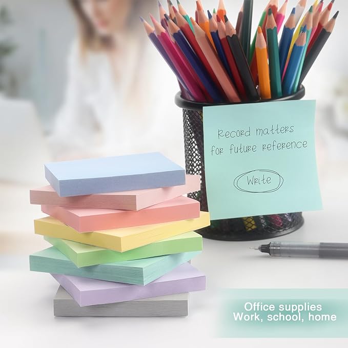 Sticky Notes 3x3 Inch, 8 Pads Light Colors Self-Adhesive, 8 Assorted Pastel Colors, 80 Sheets/Pad, Reusable Notepads for Office, School, and Home