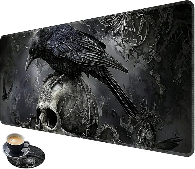 Desk Mat Large Gaming Mouse Pad (31.5x11.8 inch) with Stitched Edges, XL Mouse Pad +Coaster, Extended Mouse Mat Keybroad Mousepad Non-Slip Rubber for Gamer Men Women, Dark Raven Skull