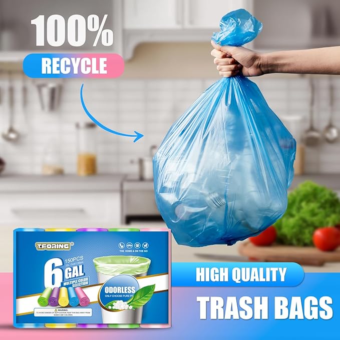 6 Gallon Trash Bags Colored 0.94 Mil Thick - 150 Count Medium Garbage Bags for Bathroom, 22 Liter Plastic Wastebasket Liners for Home Office Kitchen