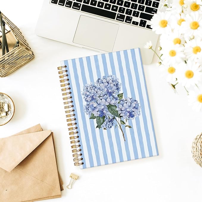 Wheatwin Blue Hydrangea Notebook Journal, Floral Hydrangea Gift for Women Girls, Blue Floral Notebooks Office Supplies Hardcover Spiral Notebook, 5.5x8.3 Inch