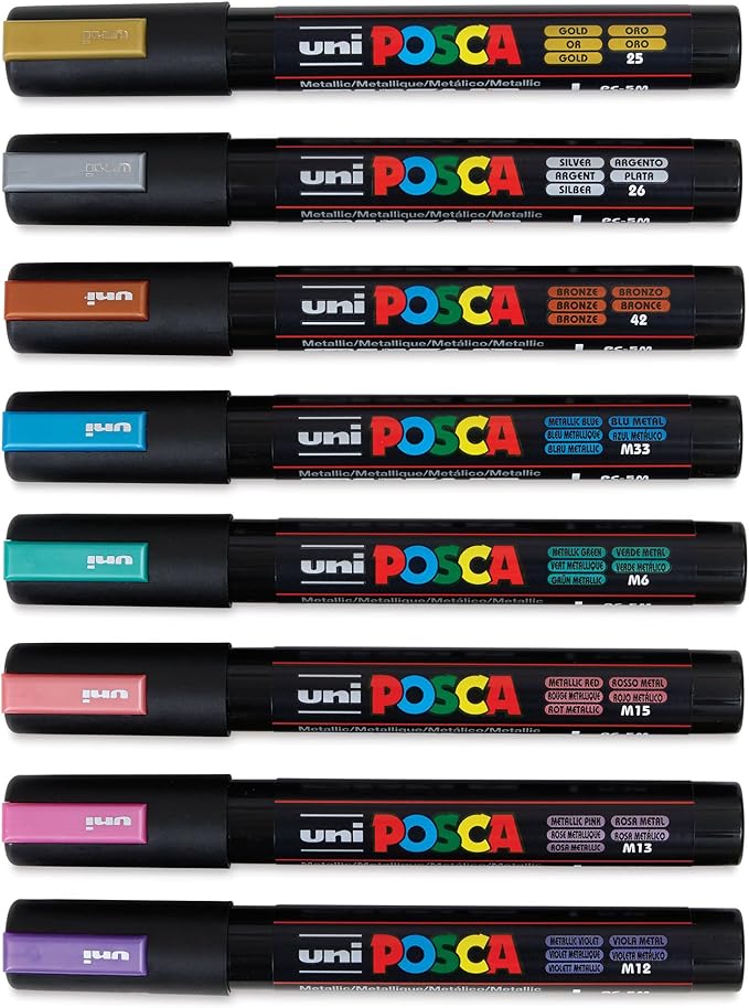 posca Markers Set, 8 Medium Paint Markers 5M, Metallic Tones – Gold, Silver, Bronze, Blue, Green, Red, Pink, Violet