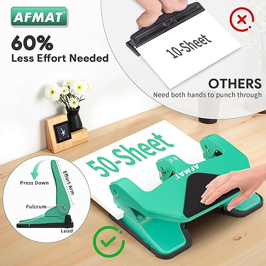 AFMAT HP20 Heavy Duty 3 Hole Punch, 50-Sheet Capacity, 60% Reduced Effort Three Hole Puncher for Binder, 10K+ Uses, Large Chip Tray, Adjustable Paper Guide, Office Metal Paper Puncher 3 Ring, Green