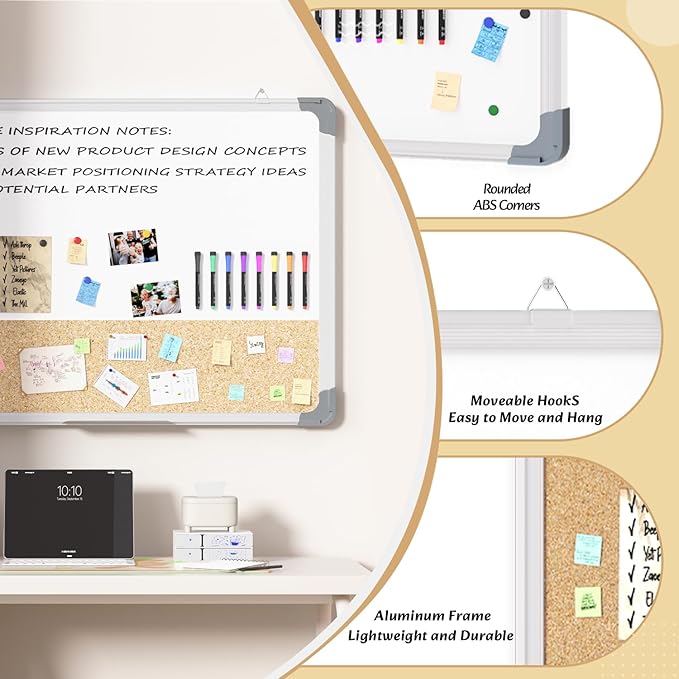 White Board Cork Board Combo, 24×18 inch for Office, Home, School, Vision Board, Pin Bulletin, Markers, Eraser, Magnets, Pins (Horizontal)