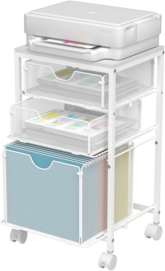 Rolling File Cart with 3 Storage Drawers, Wood & Mesh Hanging File Folder Organizer with Wheels Under Desk, File Cabinets for Home Office, 11.81" D x 14.8" W x 25.39" H, White