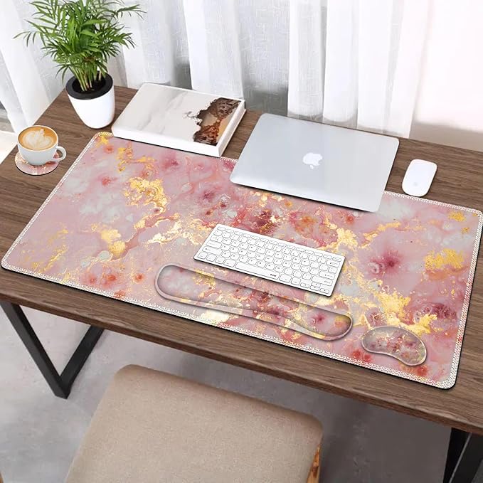 AIMSA Keyboard Mouse Pad Set, Large Gaming Mouse Pad +Wrist Rest Mouse Pad +Keyboard Wrist Support +Coaster, 35x15.7 inch Extended Desk Mat for Easy Typing Pain Relief (Pink Gilt Marble)