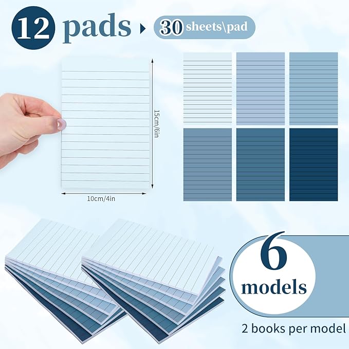 12Pcs Blue Lined Sticky Notes 6 Colors Gradient Blue Self-Adhesive Notepads Removable Memo Pad for Office School Home Supplies, 4 x 6 Inch