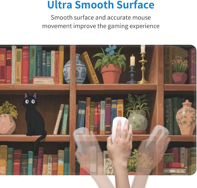 Bookshelf Cat Green Plants Large Mouse Pad, Anime Style Gaming Desk Mat, XL Keyboard Desk Pad Mat for Desktop, 31.5"x11.8" Non-Slip Base Big Mousepad with Stitched Edges