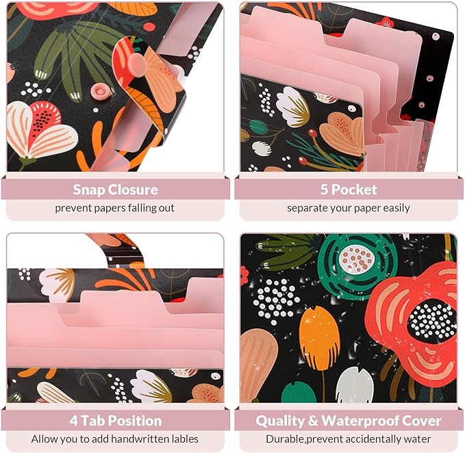 SKYDUE Expanding File Folder with 5 Pockets, Floral Accordion File Organizer for Important Document，Portable Receipt Paper Organizer，School Office Supplies Black