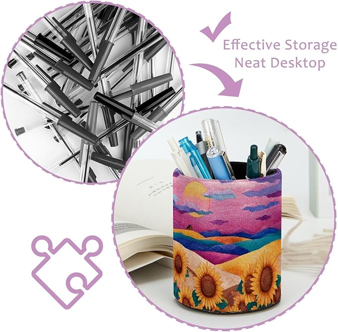 1 Pack Watercolor Art Sunflower Circular Pen & Pencil Holder - Durable PU Leather Pencil Cup, Desk Accessories Organizer for Office Desk School Home
