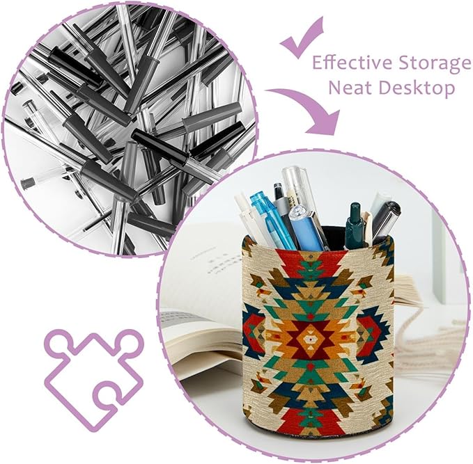 1 Pack Western Vintage Print Circular Pen & Pencil Holder - Durable PU Leather Pencil Cup, Desk Accessories Organizer for Office Desk School Home