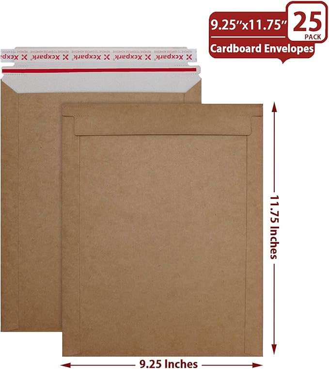 25 Pack kraft brown Rigid Mailers 9.25 x 11.75 inches, Self Seal Photo Document Mailers Premium Cardboard Keep Flat Envelopes for Photos, Pictures, Papers, Files, CD