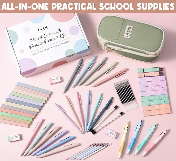65PCS Aesthetic School Supplies with Cute Pencil Case, Pastel Highlighters Gel Pens Mechanical Pencils Set 0.5 0.7 & 2.0mm, Office Back to School Supplies College Essentials Kit Student Stationary Set
