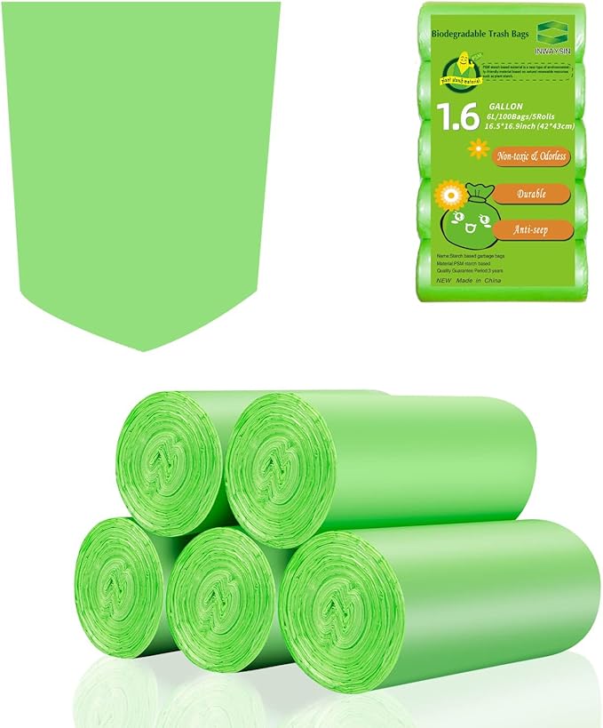 Small Trash Bags Biodegradable 1.6-Gallon - Clear Green Bulk 100 Counts Easy Tearing Compostable Mini Garbage Bag Ultra Strong Unscented Waste Basket Liners for Pet Garden Home Inwaysin