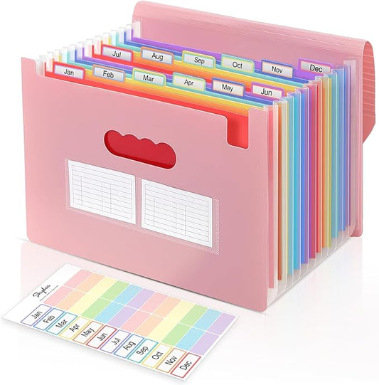 SKYDUE Pink Accordion File Organizer, 13 Pocket File Folder Organizer with Monthly Labels, Expanding Document Organizer for Letter A4 Size, Cute Filing Folder for School Office Home