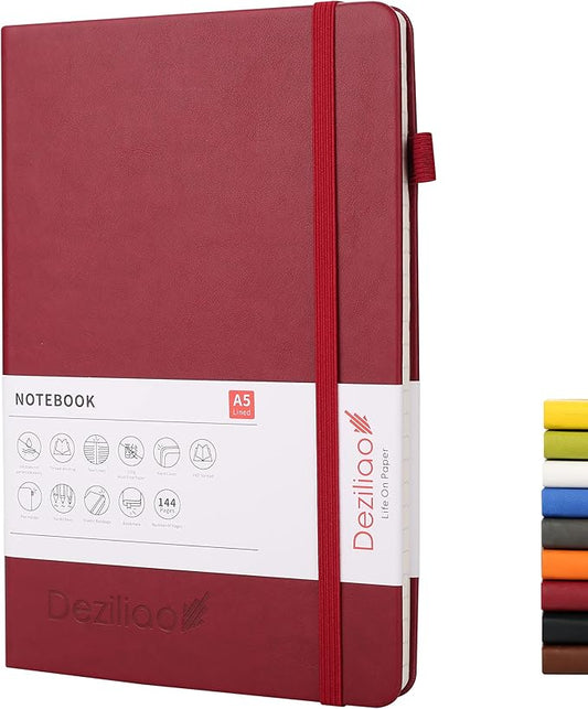 Deziliao Lined Journal Notebooks with Pen Loop, Hardcover Notebook Journal for Work, 100Gsm Premium Thick Paper with Inner Pocket, Medium 5.7"x8.4", （Red, Ruled）