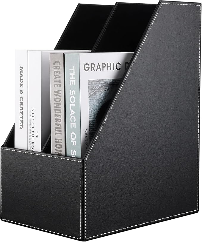 KINGFOM Wooden Leatherette Desktop File Folder Organizer and Document File Stand Journals Magazine Rack 2 Slots (black)
