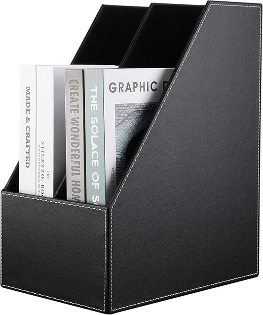 KINGFOM Wooden Leatherette Desktop File Folder Organizer and Document File Stand Journals Magazine Rack 2 Slots (black)