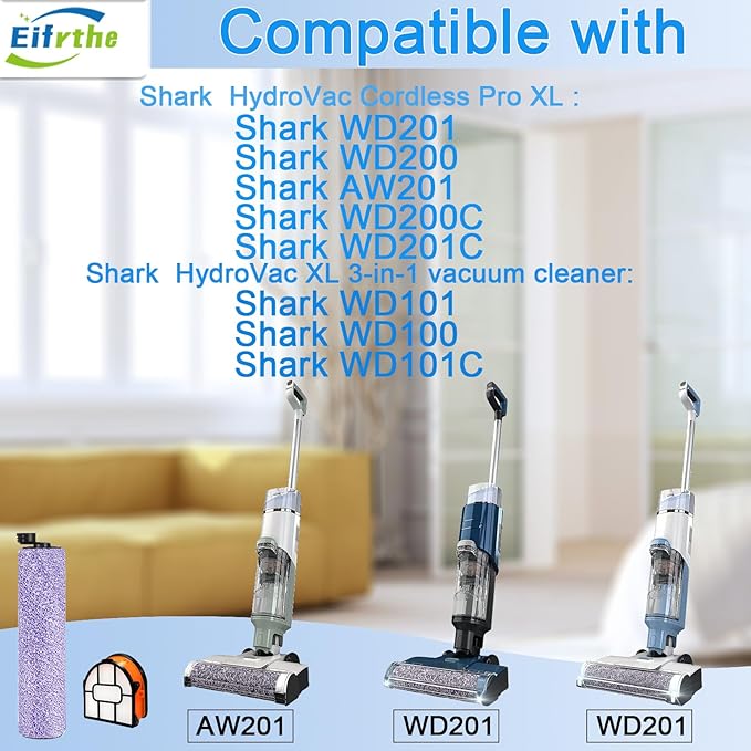 8-Pack WDB1F2 Replacement Brushroll & Filte Bundle for Shark WD101 WD201 WD100 WD200 AW201 WD200C WD201C WD101C AW261 wd160 HydroVac XL 3-in-1 vacuum cleaner,compare parts WDB1,WDB2,WDFF1,WDFF2,WDB1F2