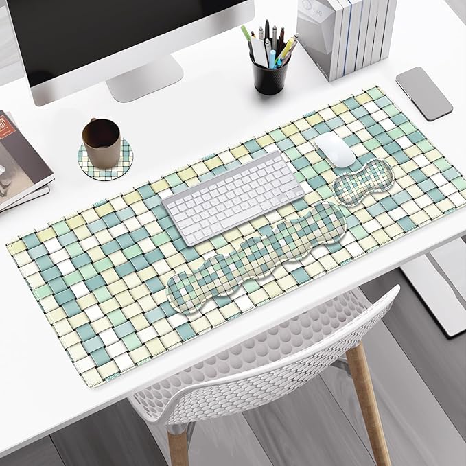 Desk Mat Gaming Mouse Pad, Cute Desk Matt Keyboard Wrist Rest for Desktop, Anti-Slip Mousepad Stitched Edges, XXL Large Mouse Pad with Wrist for Desk Computer I Green Woven Plaid Pattern