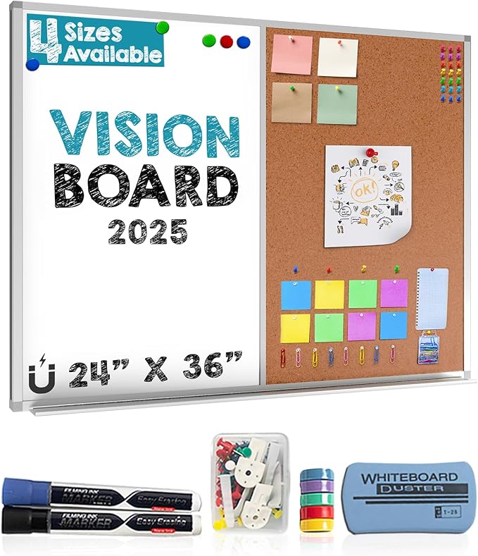 24" x 36" Cork Board and Dry Erase Board Combo - Vision Board 2025 - Magnetic White Board Corkboard Memo Bulletin Boards - Great for Office Wall w/Markers, Eraser, Magnets, Tacks