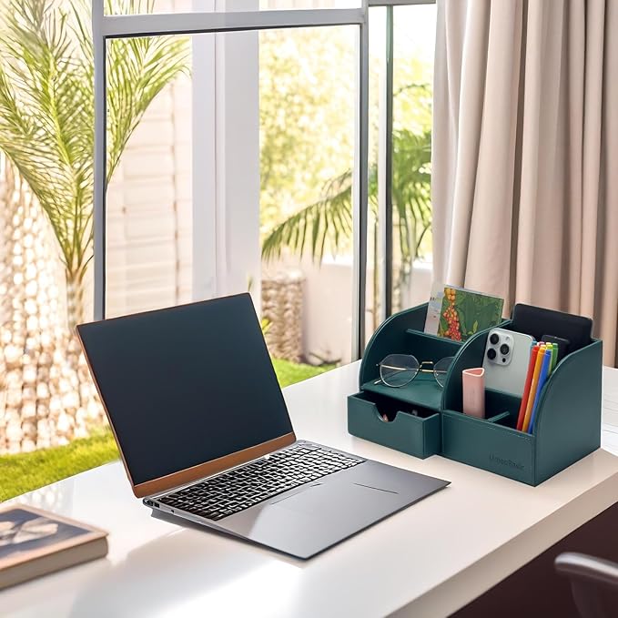 UnionBasic Desk Organizer - Multifunctional Leather Desktop Pen Holder Storage Box - Business Card/Pen/Pencil/Mobile Phone/Stationery Holder, Vintage Green