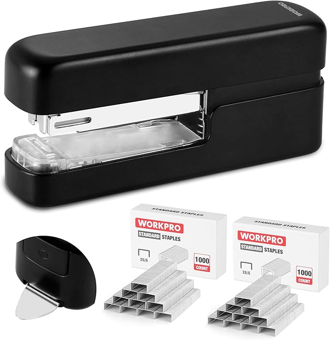 WORKPRO 2-in-1 Stapler with Staples & Staple Remover, 40 Sheet Capacity, Flat Clinch Design, Storage Space, Includes 2000 Standard Staples - Non-Slip Office Stapler for Desk, Classroom, Black