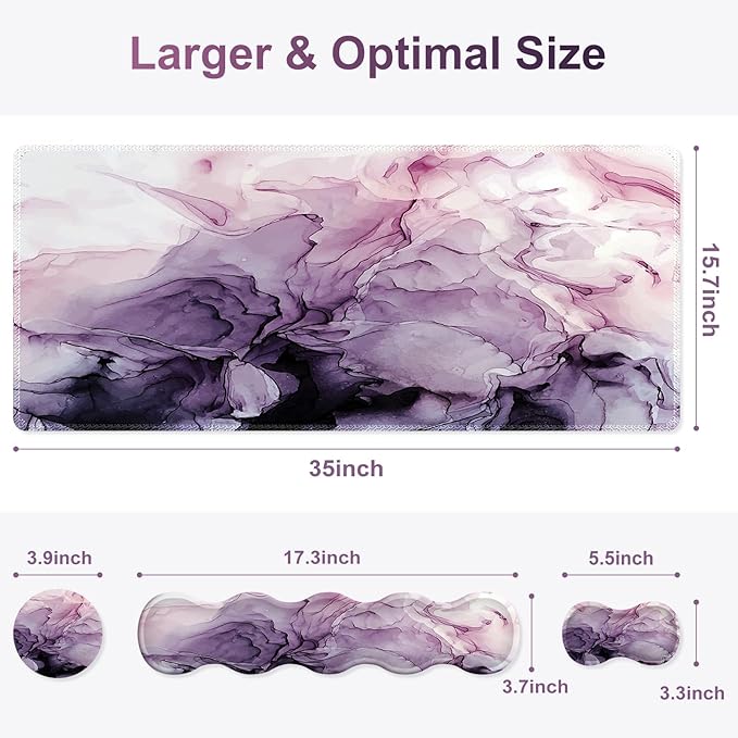 Gaming Mouse Pad Keyboard Wrist Support, 4 in1 Mousepad Set with Wrist Keyboard Rest, Computer Desk Mat, Non-Slip Desk Pad Protector with Memory Foam Easy Typing Pain Relief I Purple Marble