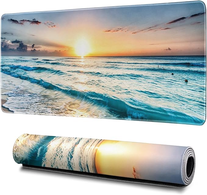 Sunrise Beach Mouse Pad Abstract Sea Mouse Pad 31.5x11.8 Inch Japanese Texture Non-Slip Rubber Base Large Mousepad Stitched Edges Keyboard Mouse Mat Desk Pad for Office and Home