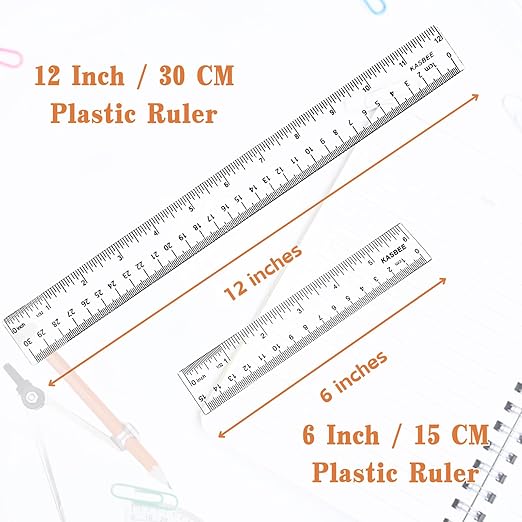 Plastic Rulers, 6 Inch Ruler, 12 Inch Ruler, Clear Ruler with Centimeters and Inches, Straight Plastic Ruler Set for Students School and Office