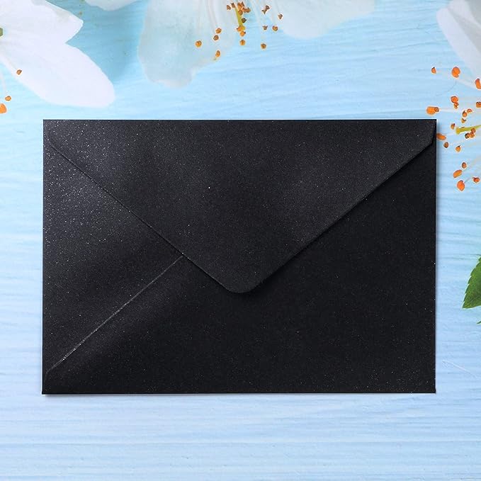 PONATIA 50 Pieces/Pack A7 Envelopes, 5.25 x 7.5'' Black Shiny Envelopes Perfect for 5x7'' Invitation Cards, Weddings Invitations, Photos, greeting Cards, Christmas Gift Cards