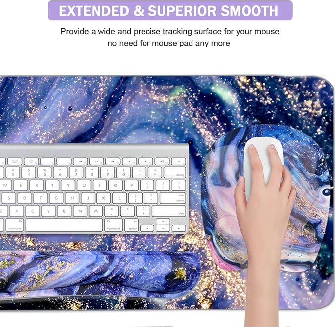 Keyboard Wrist Rest Large Mouse Pad Wrist Support for Computer, 4 in 1 Memory Foam Keyboard Pad Desk Mat Ergonomic Hand Rest Wrist Cushion for Home Office Gaming-Purple Marble