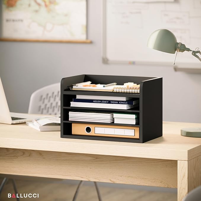 Ballucci File Organizer, 4-Tier Office Desk Organizer, Open Top Wood Paper Organizer for Classroom, Mail Sorter Paper Tray with Adjustable Storage Shelves, Black