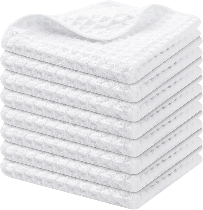 Homaxy Microfiber Waffle Weave Kitchen Dish Cloths, 12 x 12 Inch Ultra Absorbent and Solid Color Dish Towels for Kitchen Fast Drying Dishcloth for Washing Dishes, 8 Pack, White