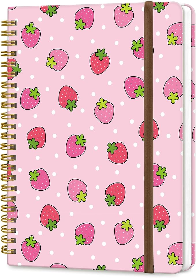 Spiral Journal Notebook, A5 Cute Notebooks for Women Men, College Ruled Hardcover Notebook for Work & Note Taking, 60 Pages Double-Wire Journals for Writing, Cute Strawberry