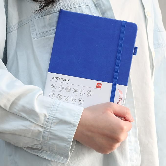 Deziliao Lined Journal Notebooks with Pen Loop, Hardcover Notebook Journal for Work, 100Gsm Premium Thick Paper with Inner Pocket, Medium 5.7"x8.4", （Blue, Ruled）