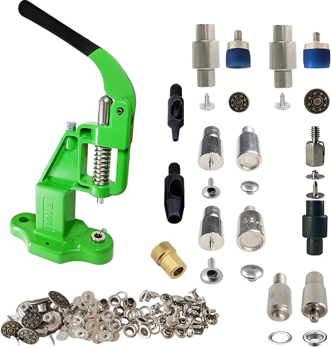 Hand Press with Brass 14 mm and 17 mm Jean Buttons Nipple Rivets 5mm (Nr3) Eyelets 7 and 9 mm Single Capped Rivets Matching Dies and Hole Punch (Green Press)