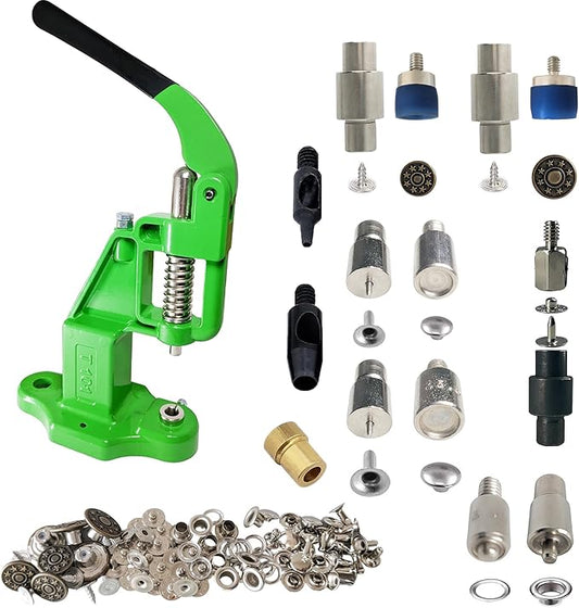 Hand Press with Brass 14 mm and 17 mm Jean Buttons Nipple Rivets 5mm (Nr3) Eyelets 7 and 9 mm Single Capped Rivets Matching Dies and Hole Punch (Green Press)