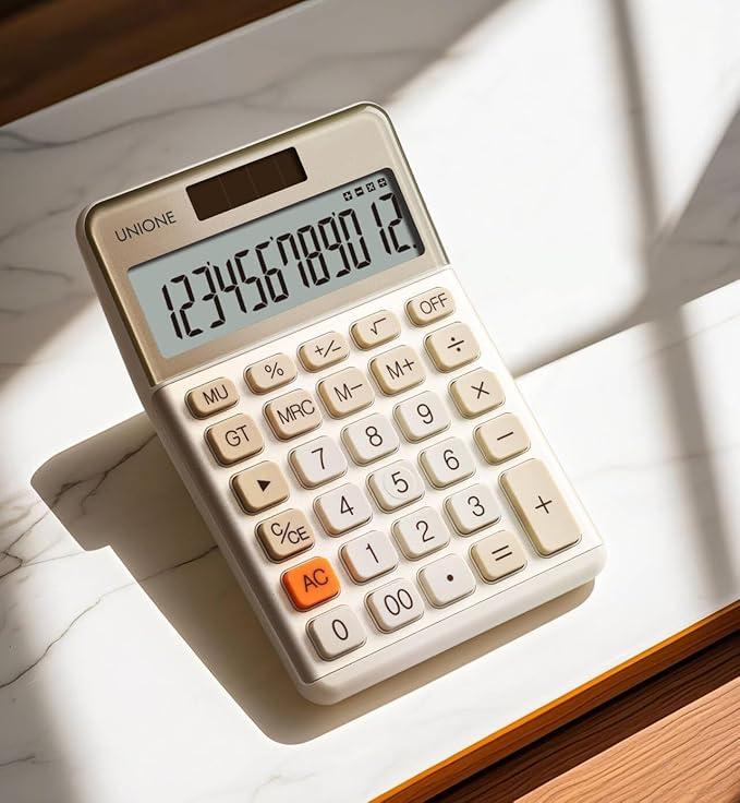 UNIONE Calculator with a Bright LCD, Dual Power Handheld Desktop. Color. Business, Office, High School… (Ivory)