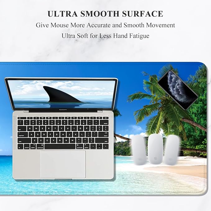 Auhoahsil Large Gaming Mouse Pad, Beach Theme XXL 35.4 x 15.7 in Desk Pad Stitched Non-Slip Rubber Long Computer Mousepad Thin Extended Full Size Desk Mat for Desktop, Laptop, Wireless Mice, Blue