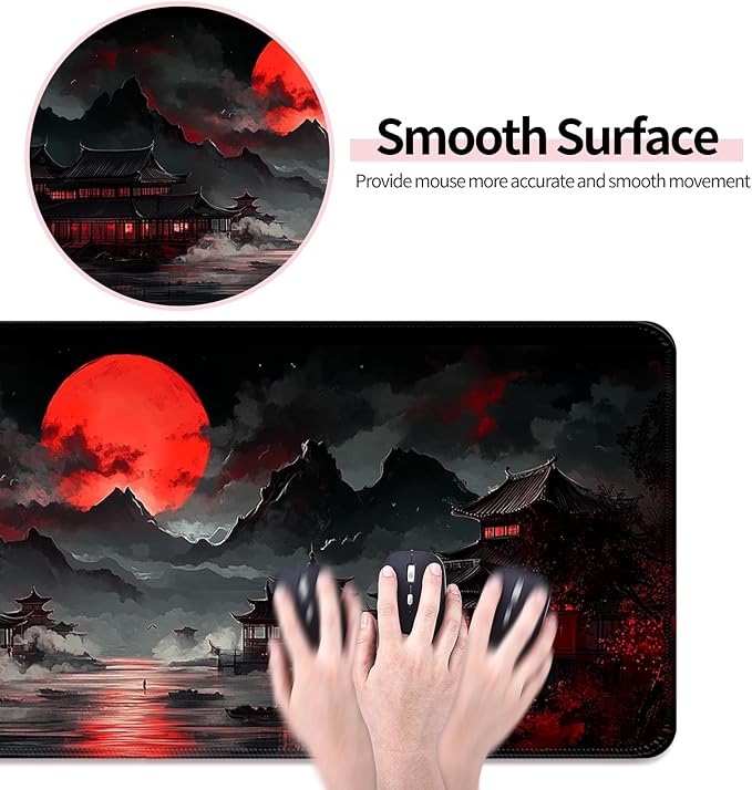 Japanese Dreamy Lakescape Full Moon Gaming Desk Mat, Computer Keyboard Large Extended Long Mouse Pad for Office and Home, XL (W07)