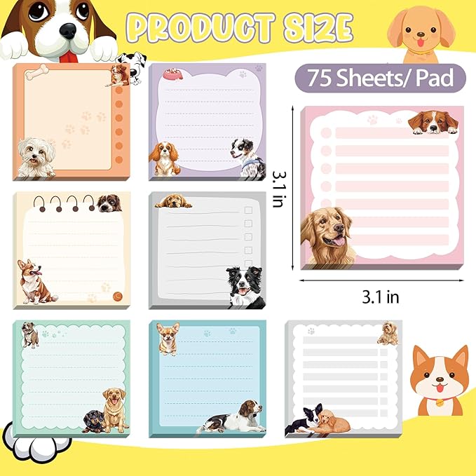 600Pcs Cute Dog Sticky Notes, Cartoon Dog Animal Sticky Notes Kawaii Self-Stick Memo Pads for Dog Lover Office Home School Supplies